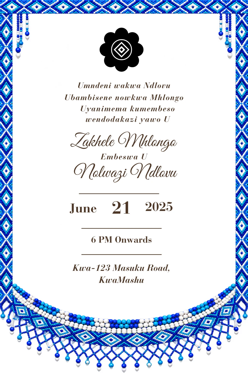 Sapphire Beaded Arch Umembeso Invitation back