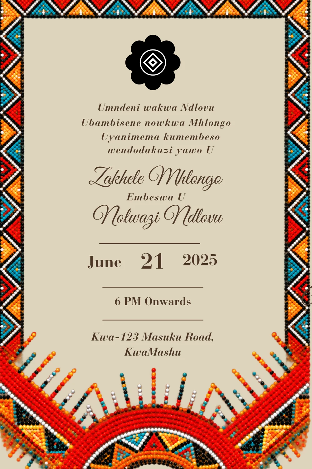 Sunrise Beadwork Umembeso invitation, back