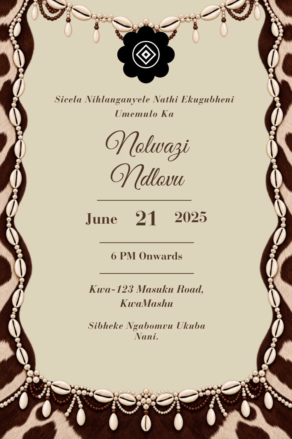 Cowrie and Hide Umemulo invitation, back