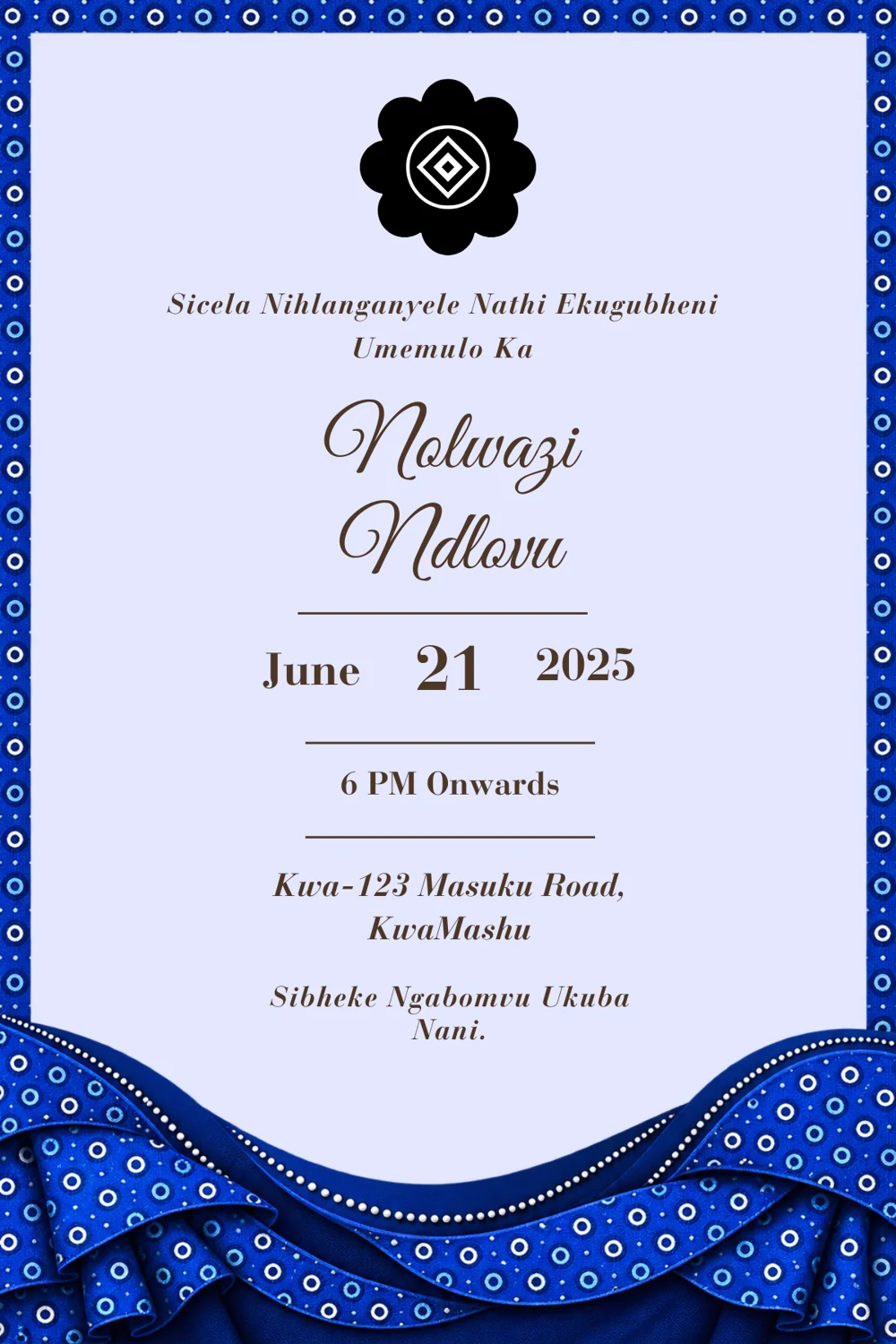 Indigo Shweshwe Umemulo Invitation back
