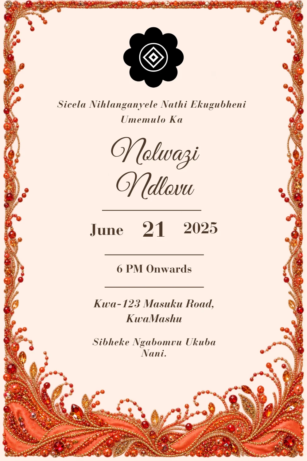 Copper Flourish Umhlonyane Invitation back