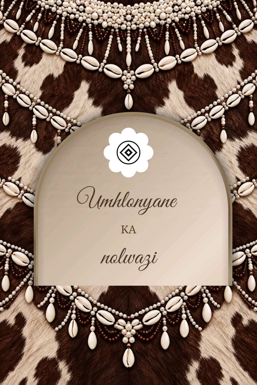 Umhlonyane invitation cover with cowrie shells and earthy patterns
