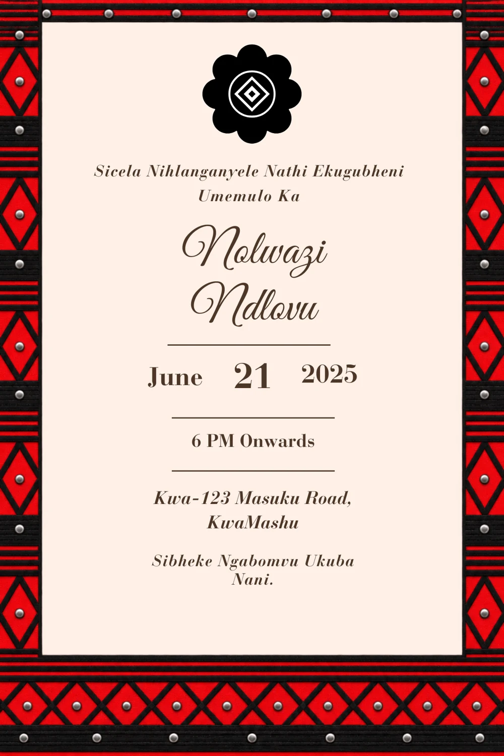 Crimson Diamond Umhlonyane invitation, back