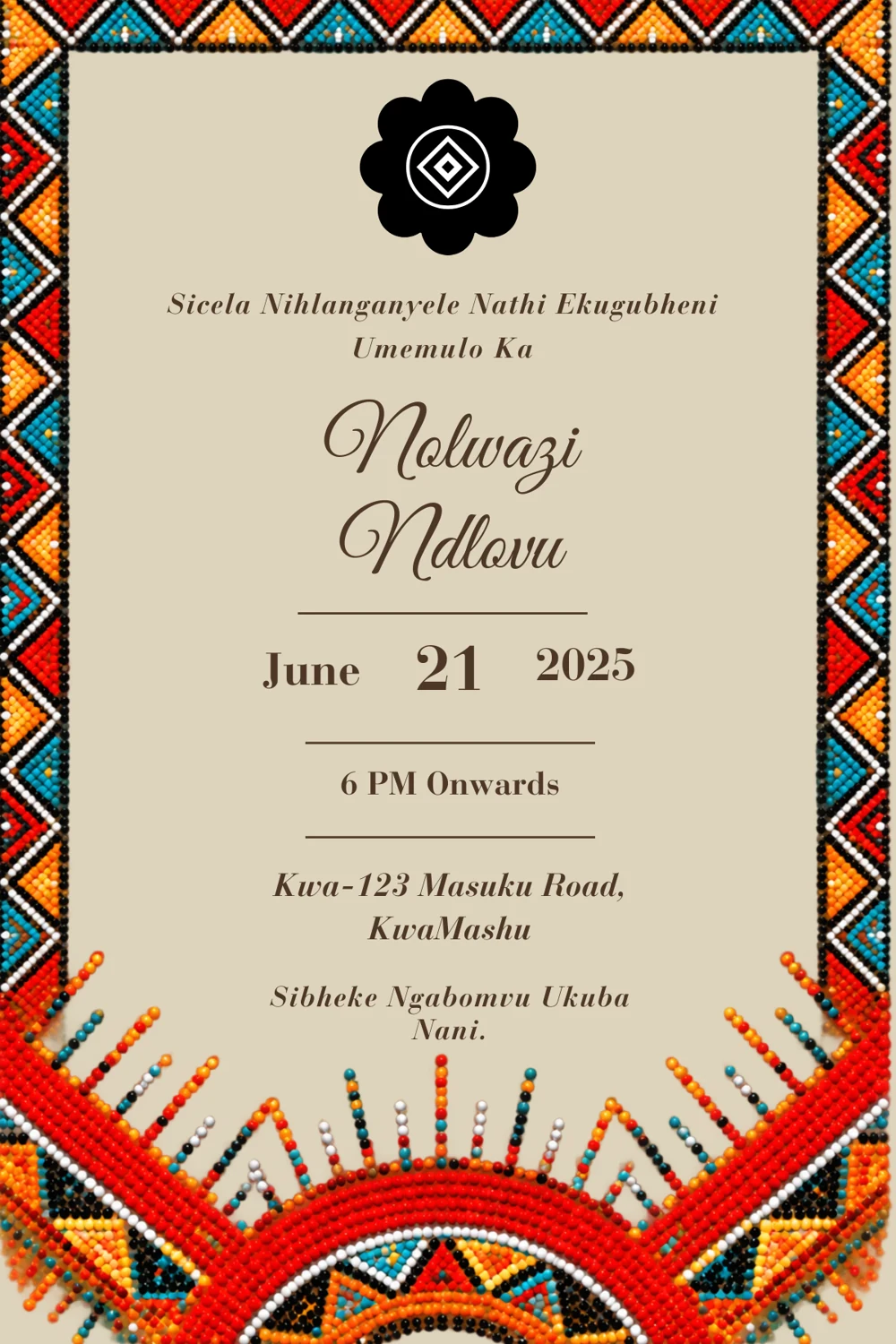 Sunrise Beadwork Umhlonyane Invitation back